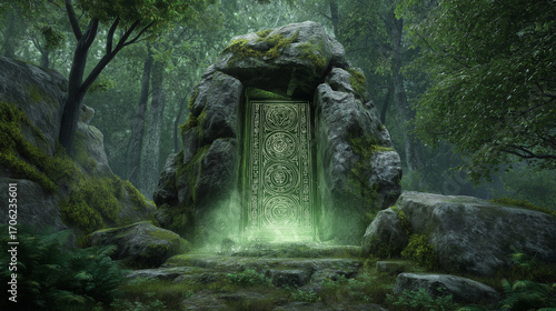 Ancient stone portal glowing with runes, surrounded by mossy forest, mysterious energy aura, fantasy realism