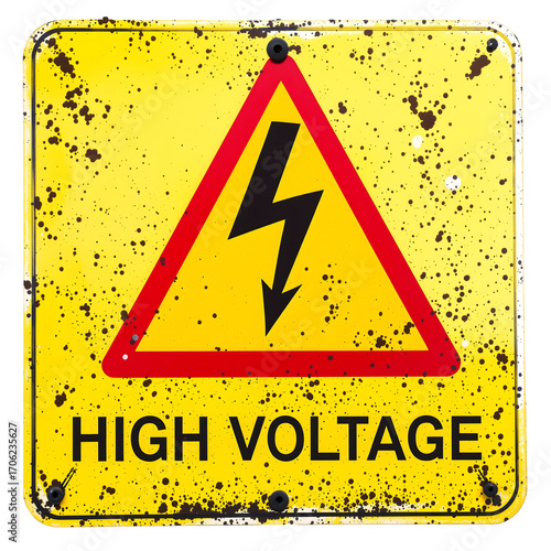 An aged and corroded high voltage electrical warning sign featuring a bold lightning symbol, conveying a clear message of potential danger and hazard
