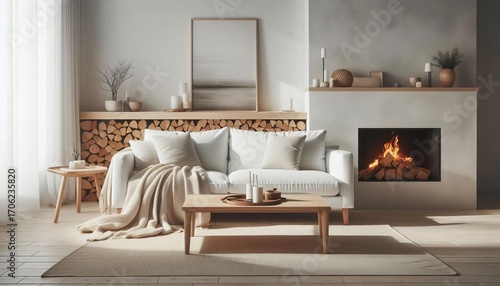 Cozy living room with a white sofa, fireplace, and wooden accents, bathed in natural light