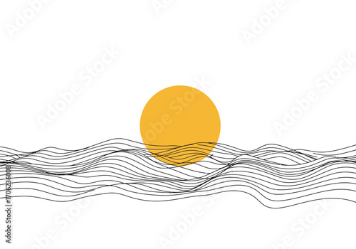A golden disc is setting above a horizon of black wavy lines over a white background