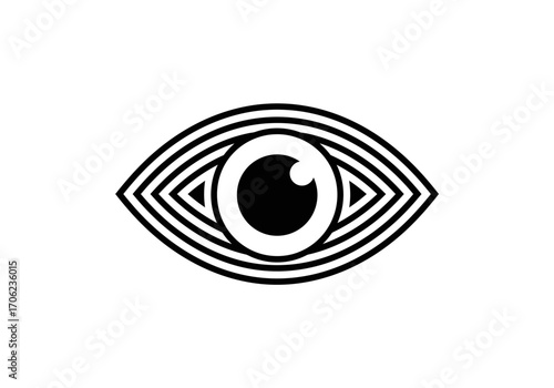 A graphic eye design with concentric lines forming the iris and outer shape
