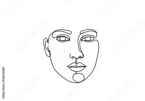 A oneline drawing of a face featuring minimalist eyes nose lips and jaw