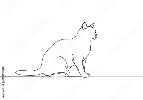 A singleline art drawing depicts a cat sitting sideways tail trailing behind on a horizontal line