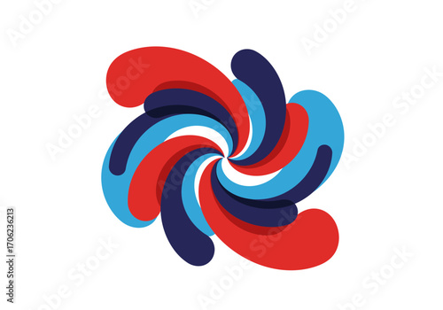 A swirling abstract design with red blue  navy teardrop shapes radiating from the center