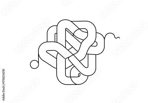 A tangled blacklined rope or cord forming a complex knot on a white background