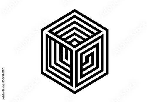 Abstract black and white geometric shape with mazelike lines forming an optical illusion of depth and dimension