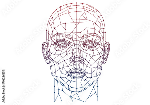 A wireframe human face with red to blue gradient gridlike polygonal structure against a white background