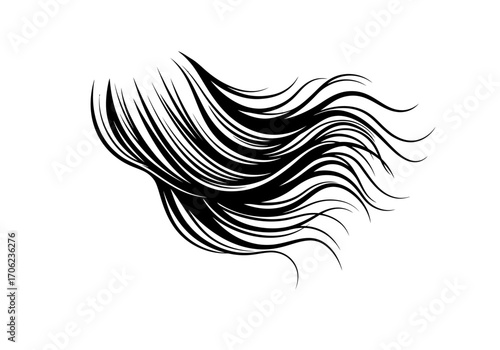 Abstract depiction of flowing stylized black hair on a white background