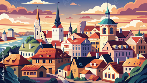 Tallinn Old Town, Estonia, with cobbled streets, Gothic spires, and pastel facades, exudes Hanseatic charm beneath drifting clouds and soft northern light.