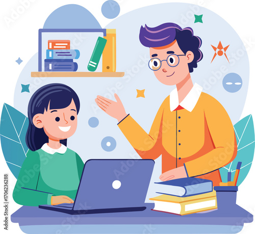 Vector art of teacher helping student with laptop and books at desk