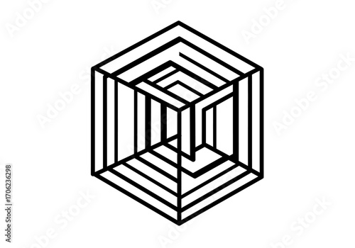 An abstract geometric shape with repeated nested hexagonal forms rendered in black outlines