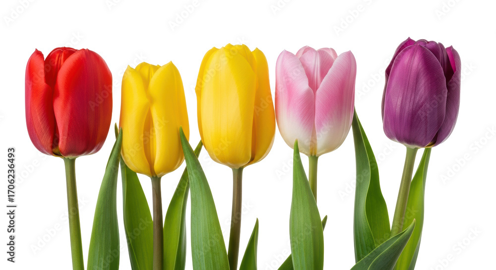 Obraz premium Vibrant red, yellow, pink, and purple garden tulips with detailed petals and green stems against a transparent studio background, captured with soft high-key lighting, concept of spring's awakening
