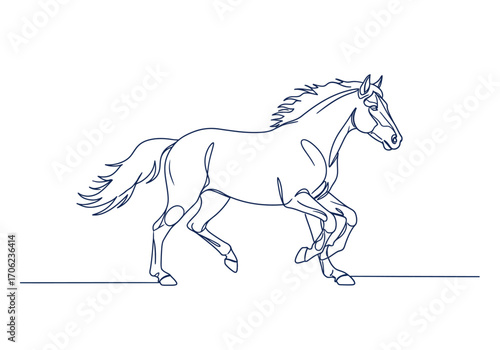 Blue line drawing of a running horse with flowing mane and tail on a horizontal line