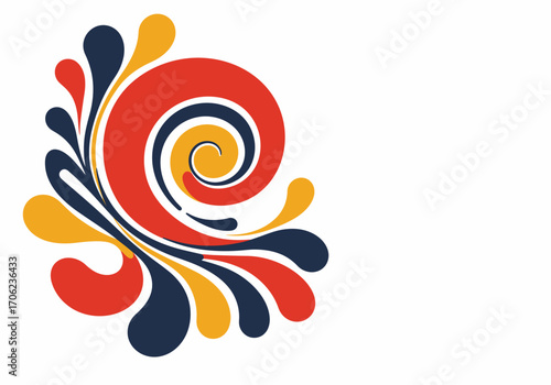 Colorful swirl design with red blue and yellow teardrop shapes white background