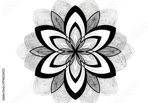 Elaborate black and white floral design with layered petals and intricate linework against a plain background