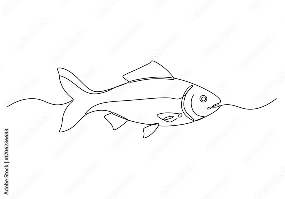 Fototapeta premium Line art of a fish with distinct fins eye detail and continuous line connecting mouth to wavy lines
