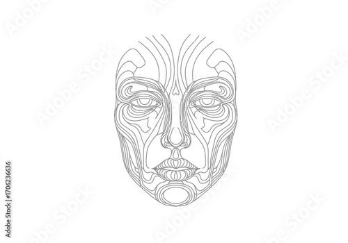 Line art face symmetrical design with detailed eyes nose and mouth on a white background