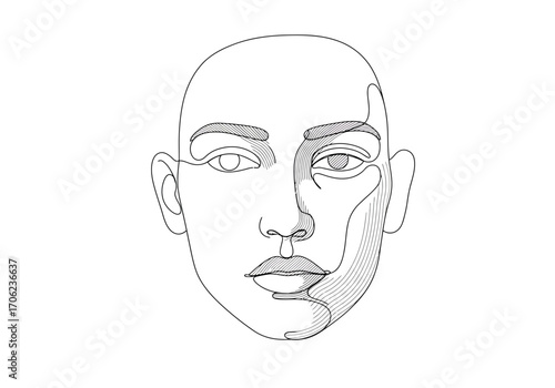 Line art face of a bald person with detail in the right side of the face