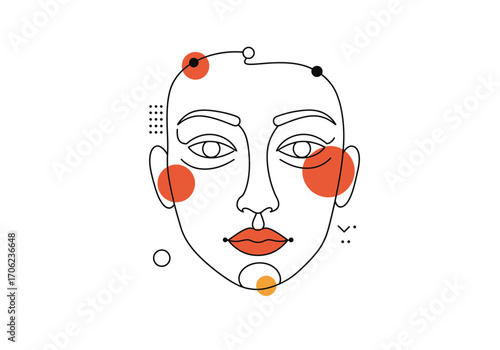 Line art face with minimal red black and orange dots