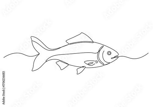 Line art of a fish with distinct fins eye detail and continuous line connecting mouth to wavy lines