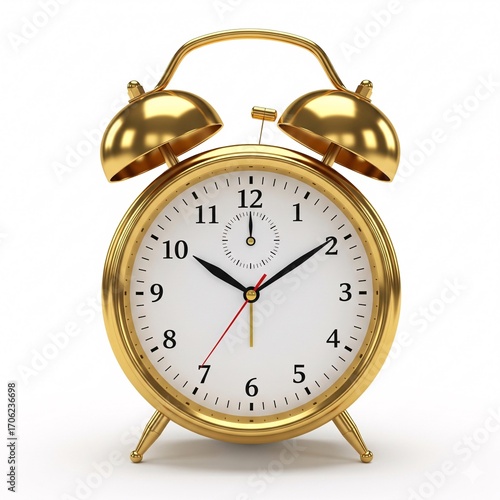 A golden alarm clock with a white face,