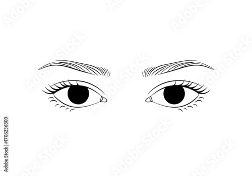 Line art of two eyes with eyebrows eyelashes and tear lines below the eyes