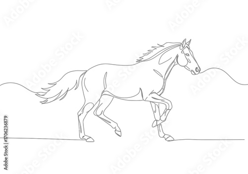 Line drawing of a horse in motion on a flat plain with distant hills