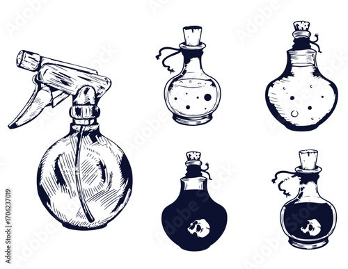Seamless pattern with perfume bottles, vector pattern, print in sketch style.