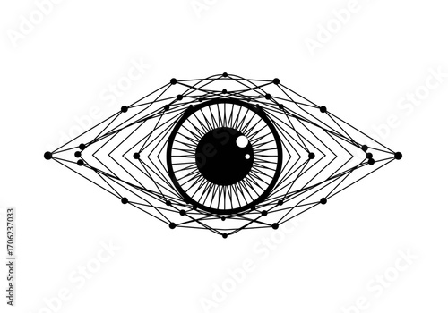 Stylized eye design featuring concentric geometric shapes with black lines and dots focusing on a central pupil