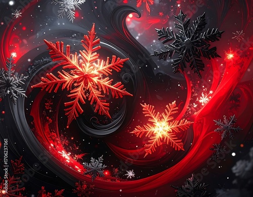 Abstract swirling design with red and black snowflakes