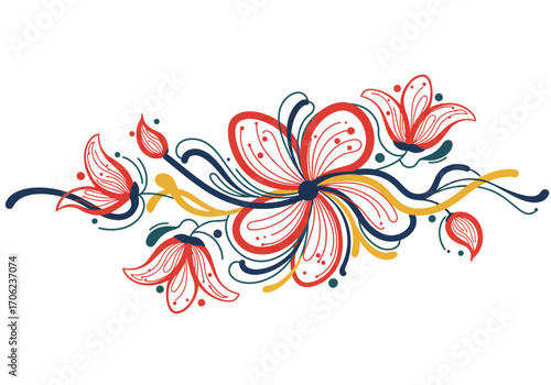 Stylized red flowers with navy and yellow swirls on a white background
