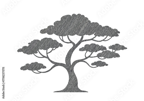 Stylized black tree with cloudlike foliage sketchlike shading isolated on a white background