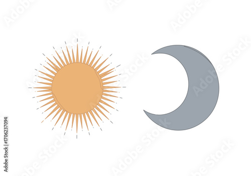 Sun and moon drawings sun with rays crescent moon shape light simplistic daytime night