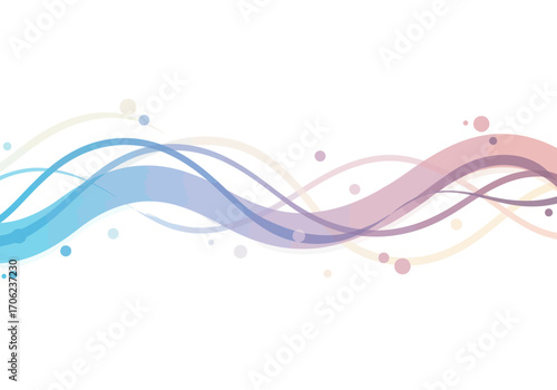 Wavy lines span horizontally transitioning from blue to pink accompanied by scattered lightcolored circles on a white background