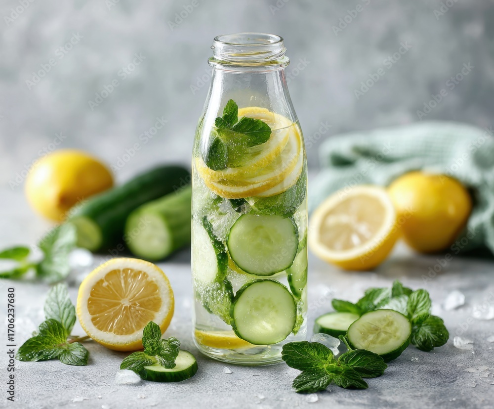 Fototapeta premium Infused detox water with cucumber, lemon and mint in glass bottle.