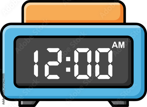 Vibrant blue digital alarm clock displaying '1200 AM', a modern electronic timekeeping device illustration in a clean, flat icon style, ideal for design elements
