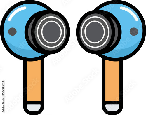 Two blue earbuds with orange stems displayed side by side on a white background, representing modern wireless audio technology and personal listening devices