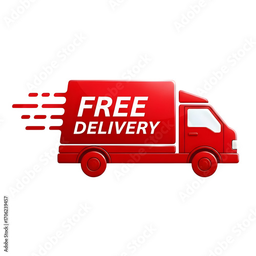 Red delivery truck with free delivery text isolated on transparent background.