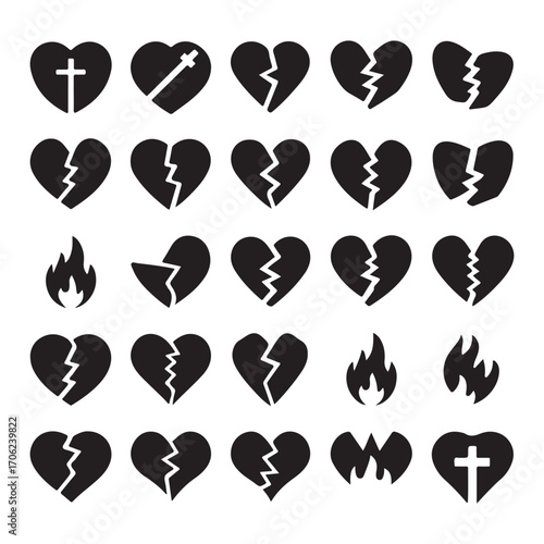 Broken Heart Silhouette Vector Icons Set for Love, Sadness, Heartbreak, and Emotions
