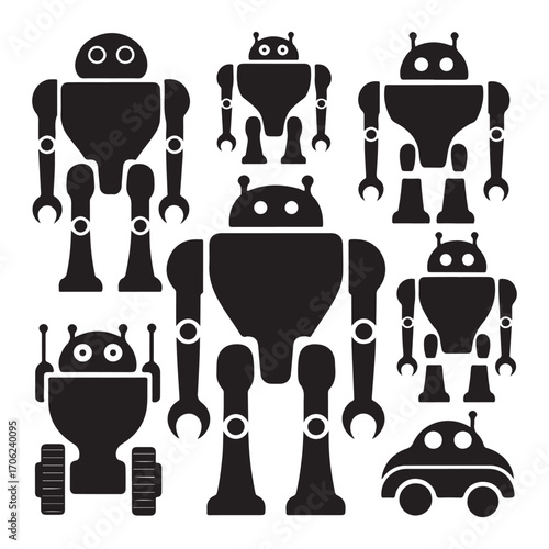 Collection of Robot Silhouette Vector Icons for AI, Robotics, Futuristic Technology