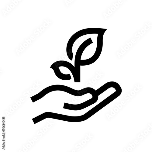 A hand gently holds a small plant with two leaves, representing growth and environmental stewardship. This design conveys a message of nurturing and caring for nature