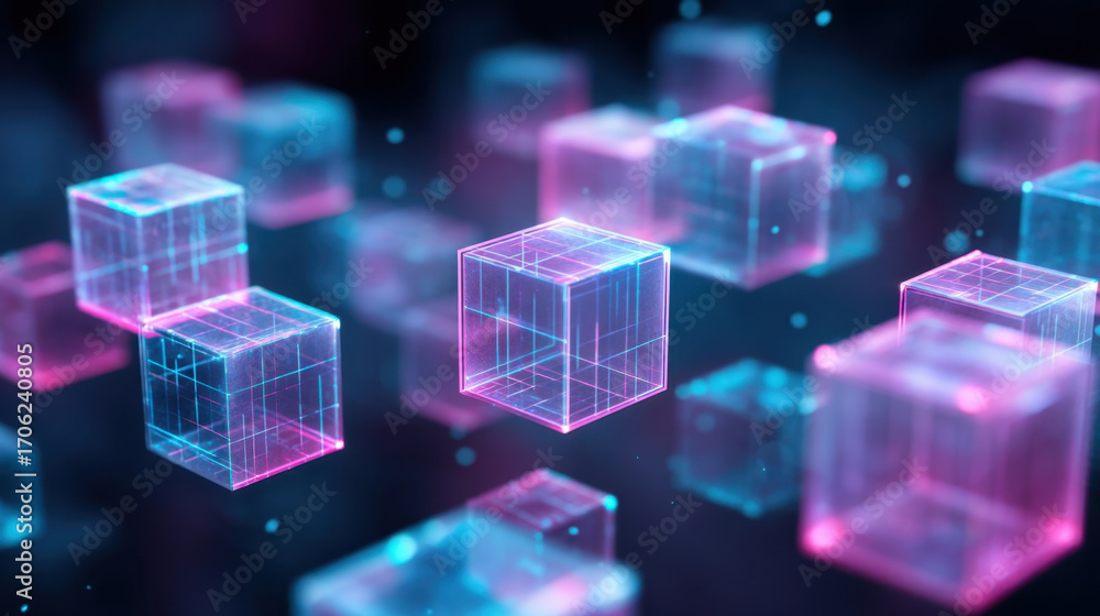Fototapeta premium Abstract 3D transparent cubes representing blockchain technology and digital data network