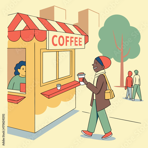 Person buying coffee from a cart/food truck, urban environment.