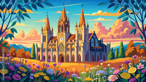 Chartres Cathedral, France, rises in magnificent Gothic splendor, its stained-glass windows glowing like jewels, framed by wildflower meadows and a clear blue horizon.