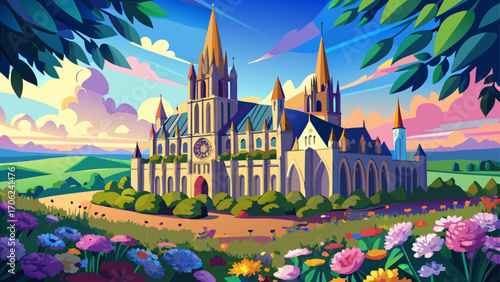 Chartres Cathedral, France, rises in magnificent Gothic splendor, its stained-glass windows glowing like jewels, framed by wildflower meadows and a clear blue horizon.