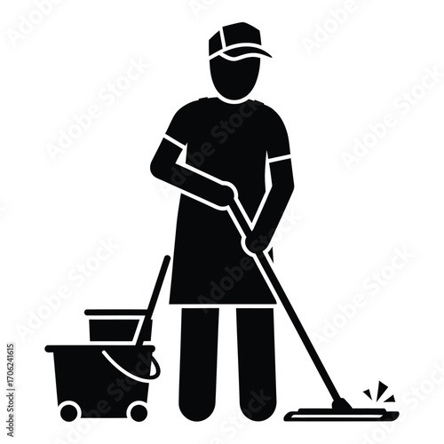 Silhouette of a cleaner with mop and bucket ready for janitorial services icon silhouette