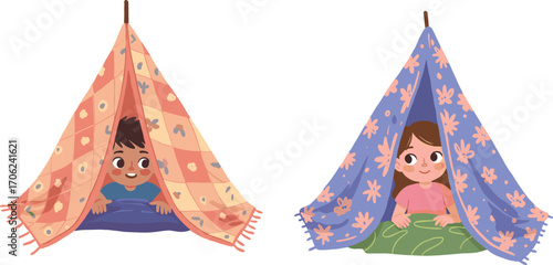 Cute boy and girl playing inside blanket tents, indoor camping fun, cozy childhood moment, vector illustration for stock design content.
