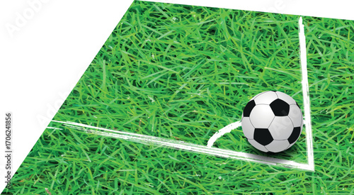Soccer ball on the corner, Soccer ball on the out line of the football field. Football Field. Green grass field.