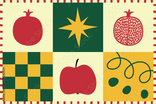 Rosh Hashanah. Hand drawn illustration, vertical card with fruits. Pomegranates, apple, star and other decorations in modern style. Vector illustration.