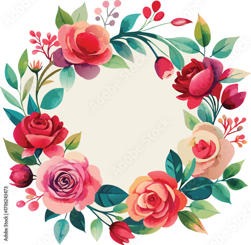Watercolor floral wreath with red and pink roses on cream background flowers leaves
